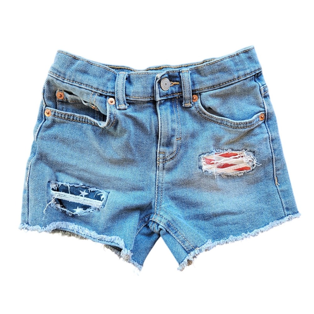 Levis Kids Girlfriend‎ Shorts Light Wash Distressed American Flag Denim 8 July